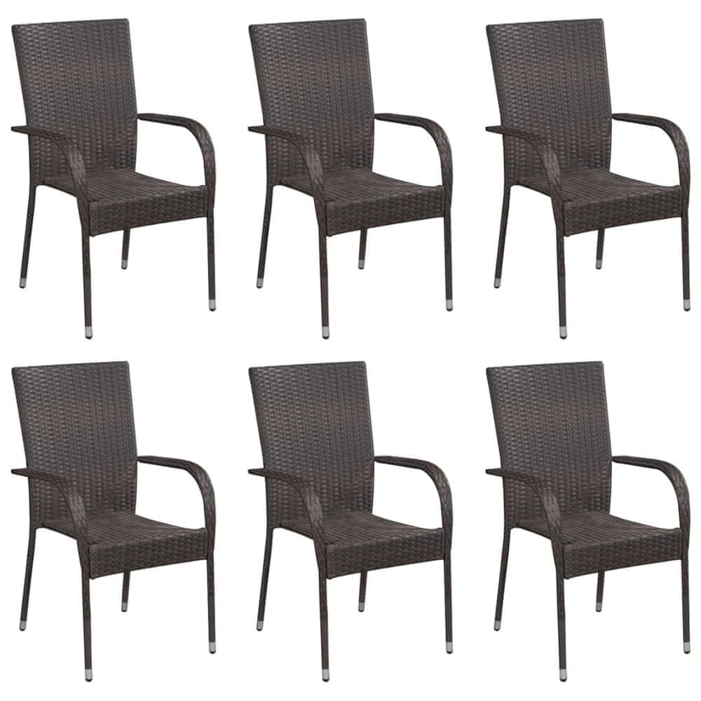 Vidaxl Stohovateľné vonkajšie stoličky 6 ks polyratan hnedé